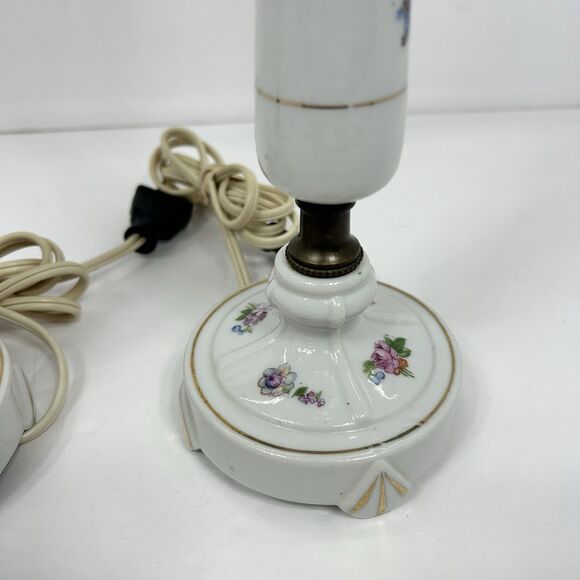 Porcelain Floral Lamps Table Cottagecore Boudoir 12" White Gold Trim Pair 50s? - Picture 10 of 16